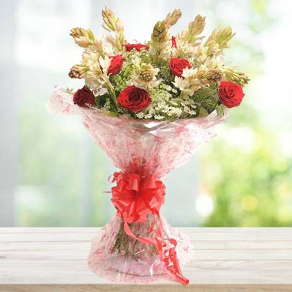 Rajnigandha & Red Rose Flower Bouquet | Send Gifts to Bangladesh ...