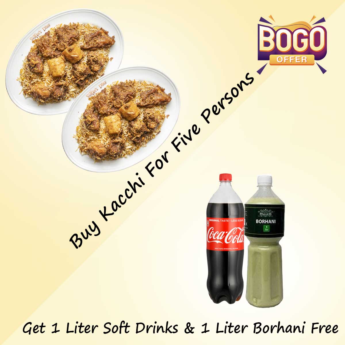 Buy One Kacchi 5 Persons Get 1 Litter Soft Drinks & 1 Litter Borhani